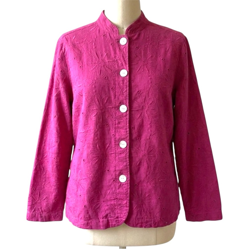 Chico’s Linen Blend Pink Eyelet Embroidered Button Front Jacket Top Size Large